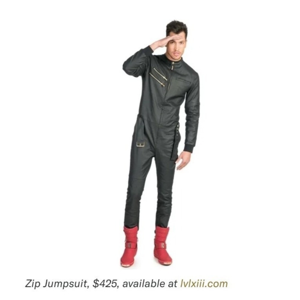 LVL XIII Black Coated Zip Jumpsuit Convertible Sleeves Moto Flight Suit Men's L